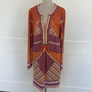 Hale Bob Beaded Tunic Dress Pink Orange Artsy Boho Print Long Sleeve Large